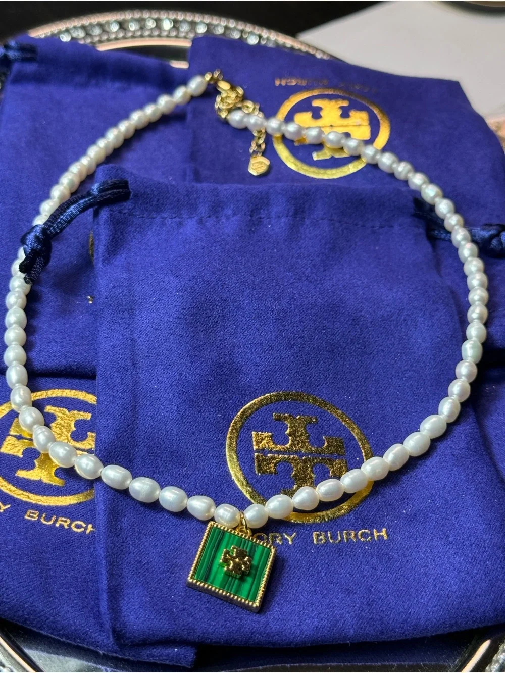 Tory Burch White Pearl Necklace with Green Enamel Pendant and Gold Accents